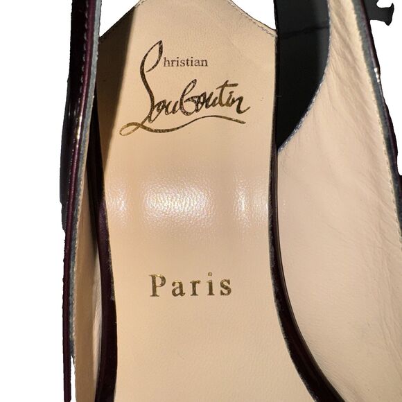 Authentic Christian Louboutin Size 7 Burgundy Patent Peep Toe Platform Slings - Picture 9 of 10